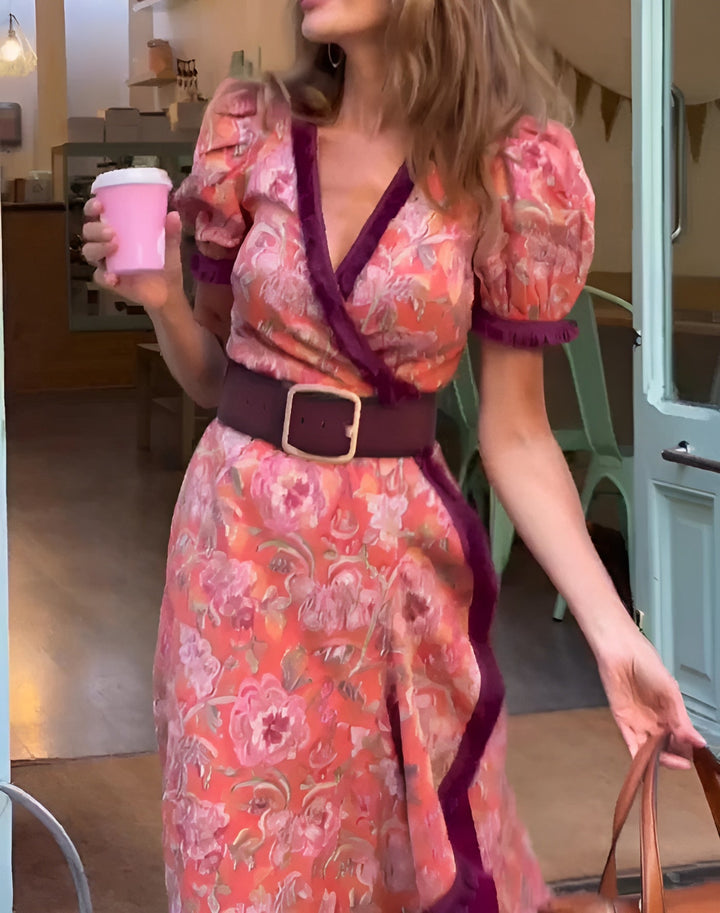 Elegante Roze Maxi Dress met Korte Mouwen